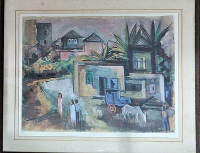 סיגד. הדפס. "דמות ברקע עירוני". ממוסגר. מידות: 70X52 ס"מ.