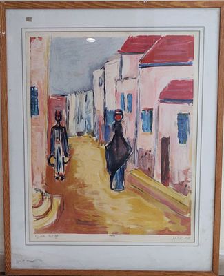 ליטוגרפיה 276/499. חתום ג'ניה ברגר. דמויות בכפר ערבי. מידות: 66X54 ס"מ. ממוסגר.