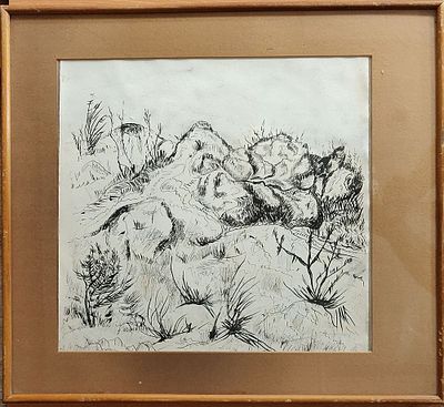 חדוה ליפשיץ טסלר. מעורבת - אקוורל וטוש דקיק. חתום. "נוף ארץ ישראלי". ממוסגר. מידות: 40X43 ס"מ.