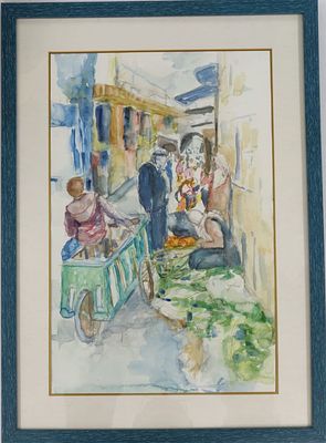 טכניקה מעורבת. אמן לא ידוע. "דמויות בשוק ערבי". ממוסגר. מידות: 32X49 ס"מ.