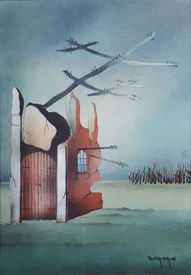 בוהדן Bohdan. אקריליק על לוח, חתום. "סצינת נוף נטוש". מידות: 39X58 ס"מ. ממוסגר.