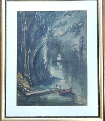 יוסף קוסונוגי (1908-1981). אקוורל חתום בעברית. מתוארך: 1946. "נהר הירקון". ממוסגר במסגרת מושקעת 