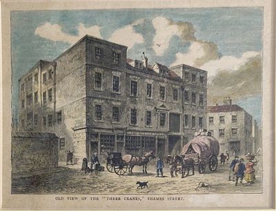הדפס. "'OLD VIEW OF THE 'THREE CRANES" ברחוב תמזה בלונדון. מידות אימג': 15.5X12 ס"מ. ממוסגר 