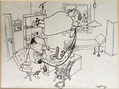 הדפס ציור במכחול דקיק, מאת אנטה הופנונג HOFFNUNG ANNETTA סצנה קומית אצל הרופא - "בדיקת לחץ דם". 