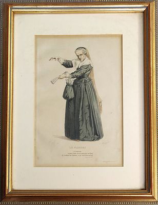 רישום בחוד נוצה דקיקה וצבע מים. חתום בשני מקומות בנוצה ודיו. דמות מהמחזה הקומי LES PLAIDEURS 