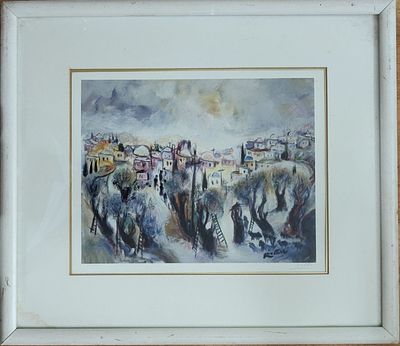 ISRAEL BARUCH - הדפס של ליטוגרפיה 150/755. ישראל ברוך. "מסיק בכפר ערבי". ממוסגר. מידות: 32X40 ס"מ.