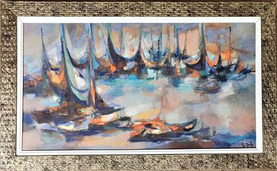 מ. מולי M. MOULY. הדפס משי מודבק ללוח עץ עם תוספת צבע ביד. חתום. "מעגן סירות צבעוני". ממוסגר 