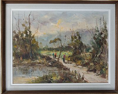 שמן על לוח. אמן לא מזוהה. חתום בלעז. "דמויות בנוף עם פלג מים". ממוסגר במסגרת תקופתית. מידות: 