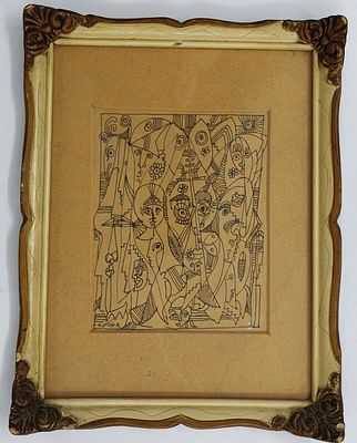 רישום בטוש דק. א. אליעז. חתום. "דמויות". נתון במסגרת יחודית. מידות: 12X15 ס"מ