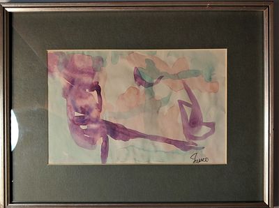 MARCEL JANCO אקוורל. מרסל ינקו. חתום. "מופשט צבעוני". ממוסגר. מסגרת הולמת. מידות: 22X14 ס"מ