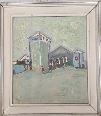 אמן לא ידוע. שמן על לוח עץ. "סצנת נוף עירוני". ממוסגר במסגרת תקופתית ישנה. מידות: 35X30 ס"מ.