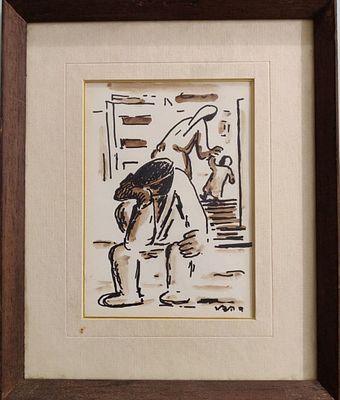 דוד הנדלר. אקוורל. חתום. "גבר על ספסל נח מעמל היום". ממוסגר במסגרת תקופתית. מידות: 17X12 ס"מ.