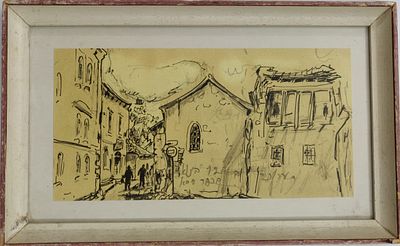 הדפס. אמן לא ידוע. נוף עיירה יהודית. ממוסגר. יש כיתוב על הציור. מידות: 25X12 ס"מ.