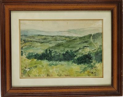 UNIDENTIFIED ARTIST - אקוורל. אמן לא מזוהה חתום. נוף גלילי. 1987. ממוסגר. 24X16 ס"מ.