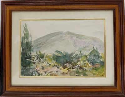 UNIDENTIFIED ARTIST - אקוורל. אמן לא מזוהה חתום. נוף גלילי. 1987. ממוסגר. 24X16 ס"מ.