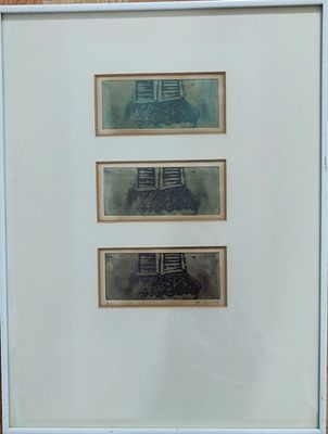 Sara Angel - ליטוגרפיה A.P, שרה אנגל. חתום. טריפטיך "עץ ובית". 1988. מידות: 48X210 ס"מ.