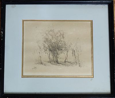 רישום בדיו. רולי שפר. חתום. ממוסגר. "עצים בנוף". ממוסגר. 1974. מידות: 33X26 ס"מ.