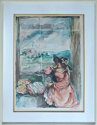 אסתר פרץ ארד. ליטוגרפיה חתומה בעפרון. 29/200. "אישה מביטה למרחב". ממוסגרת. מידות: 55X40 ס"מ.