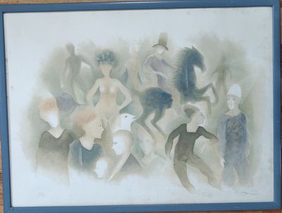 פול קור - ליטוגרפיה 30/250. חתומה פול קור. "דמויות במרחב". ממוסגר. מידות: 55.5X75 ס"מ.