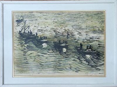 משה גת. ליטוגרפיה חתומה בעפרון בעברית ובלעז. 34/150. "דייגים חוזרים עם שלל דגה". ממוסגרת במסגרת 