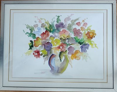 אקוורל חתום נורית גרנות. "זר צבעוני באגרטל". ממוסגר. מידות: 48X66 ס"מ.