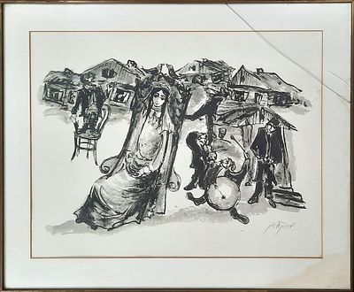 משה ברנשטיין. ליטוגרפיה A.P. חתום. "כלה וכליזמרים בעיירה". מידות: 55X72 ס"מ. 
ממוסגר. זכוכית שבורה.