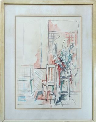 אקוורל. חתום בעפרון. "כסא וזר באגרטל". 1986. ממוסגר במסגרת עץ תקופתית. מידות: 67X47 ס"מ.