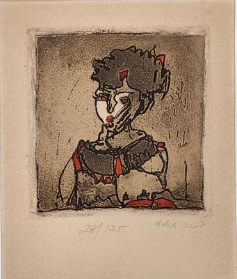 ברכה מלכה. תחריט צבעוני 28/125 חתום בעפרון. "דמות אישה במבט נוגה". מידות עם שולים: 30X23 ס"מ.