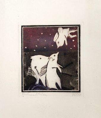 ריצ'רד בילאן RICHARD BILAN תחריט צבעוני חתום בעפרון 45/50. "סצנת בעלי חיים דימיוניים". מידות עם 