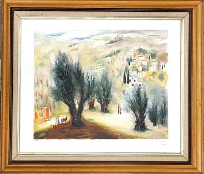 ראובן רובין. ליטוגרפיה צבועה ביד, חתומה בעפרון בעברית ובלעז. 41/99. "דמויות ערביות במטע זיתים 