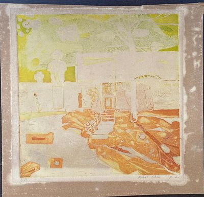 רחל חן. תחריט צבעוני. רחל חן. חתום וממוספר 6/80. מופשט צבעוני. מידות: 38X36 ס"מ.