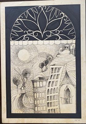 נעה למצמן. רישום על נייר. חתום בעברית. "מרחב דימיונית". מידות: 50X35 ס"מ.