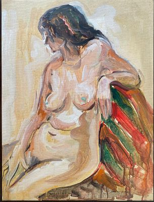 מתיה שובל. אקריליק על נייר. (1929- ) חתום. "אישה בערום על כסא". מידות: 40X30 ס"מ.