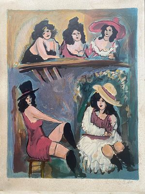 שלמה אלטר (1936 - ). ליטוגרפיה חתומה בעפרון וממוספרת. A.P. "נשים בבר פריזאי". מידות: 60X45 ס"מ. 