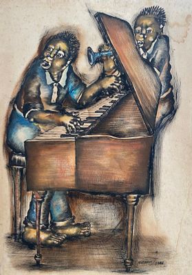 Mvemve Jiyane (יליד 1953 -). טכניקה מעורבת על נייר. חתומה. "מוזיקאים". מתוארך: 1981. 