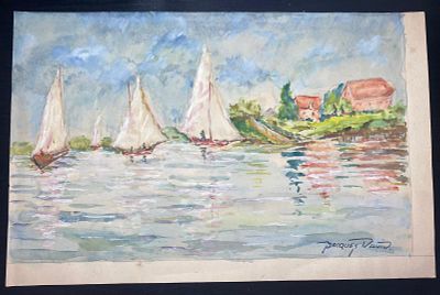 פאסק דויד PACQUES DAVID אקוורל. חתום. "סירות מפליגות באגם". מידות: 41X26 ס"מ.