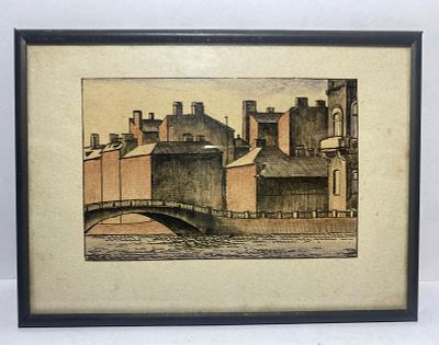 אמן לא ידוע. רישום וצבעי מים על נייר. "סצנה עירונית". ציור ישן נושן עד עתיק. מידות: 12X8 ס"מ.