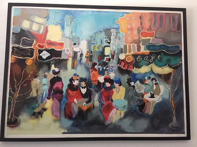 ז'ול מוסקוביץ'. ליטוגרפיה חתומה בלעז בעפרון A.P. "סצנה עירונית צבעונית". האמנית מארגנטינה. 