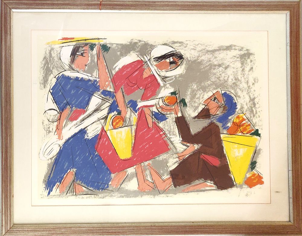 אריה לובין. ליטוגרפיה 100/100, חתומה בעפרון בעברית. "דמויות בשוק". מידות: 73X52 ס"מ.