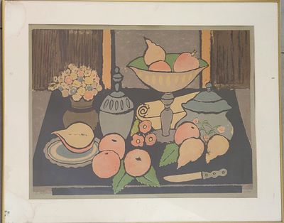 אברהם עצמון. ליטוגרפיה 3/40 חתומה בלעז, בעפרון. "טבע דומם וסכין". ממוסגרת במסגרת מתכת. מידות: 