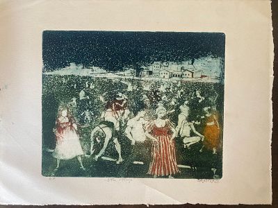 גרטי רובינשטיין (1947-2001). תחריט צבעוני. חתום ו-A.P. "צעירים תוססים". מתוארך: 1973. מידות 