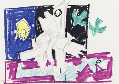 פנחס ליטבינובסקי (1894-1985). ליטוגרפיה חתומה וממוספרת 70/100. "ציפרים ירוקות". מידות: 65X45 ס"מ.