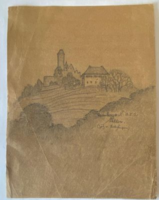 וילהלם הלר (אמן גרמני Heller Wilhelm) 1873-1950 רישום על נייר. חתום. "טירה על גבעה בגרמניה 