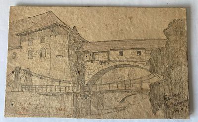 וילהלם הלר (אמן גרמני Heller Wilhelm) 1873-1950 רישום על נייר. חתום. "גשר בעיירה גרמנית נידחת". 