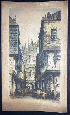 אמן לא מזוהה. חתום. תחריט ישן נושן. שלהי המאה ה-19 ותחילת הצאה ה-20. "סצנה עירונית". מידות: 