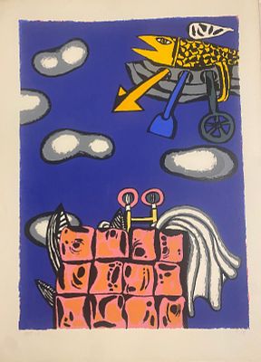 לוט נפתלי בזם. ליטוגרפיה חתומה בעפרון ו-E.A. "סצנה סוריאליסטית". מידות: 48.5X41 ס"מ. + כרזת 