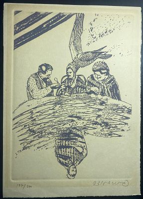 עודד פיינגרש. ליטוגרפיה חתומה בעפרון ו-197/200. "דמויות סוריאליסטיות". ממוסגרת. מידות: 23X17 ס"מ.