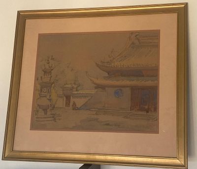 סין יפן. ציור סיני או יפני, רב שנים ביותר. אקוורל. "פינת בית אצולה וחלק מהחצר רחבת הידים". 