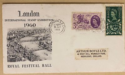 מעטפת וינטג' חתומה עם הבול המבוקש, לרגל תערוכת הבולים הבינלאומית בלונדון, ביולי 1960. התקיימה 