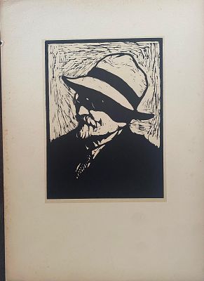 אדוארד צ'רבינסקי Edward Czerwinski (1892-1966) חיתוך עץ על נייר. "דמות עם מגבעת". מידות נייר: 